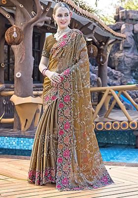 Dusty Golden Resham Embroidered Jimmy Choo Silk Saree Set