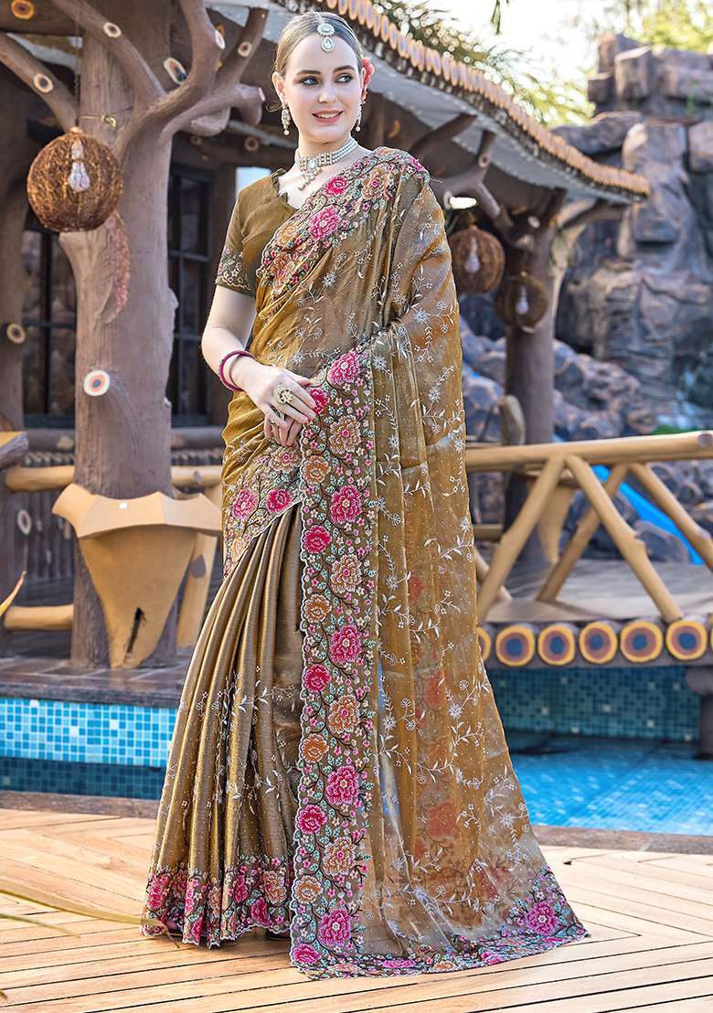 Dusty Golden Resham Jimmy Choo Silk Blend Saree Set with Embroidered for Diwali | Wedding & Festive Wear - Indya