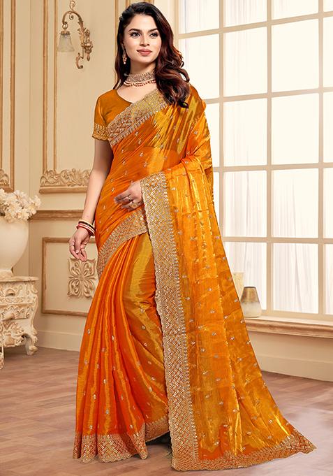 Mustard Zari Sequin Embroidered Jimmy Choo Silk Saree Set