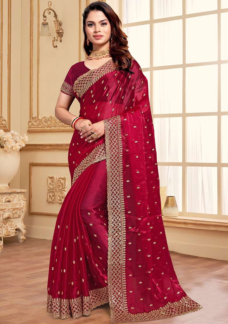 Cherry Red Zari Jimmy Choo Silk Blend Saree Set with Embroidered & Sequin for Diwali | Wedding & Festive Wear - Indya