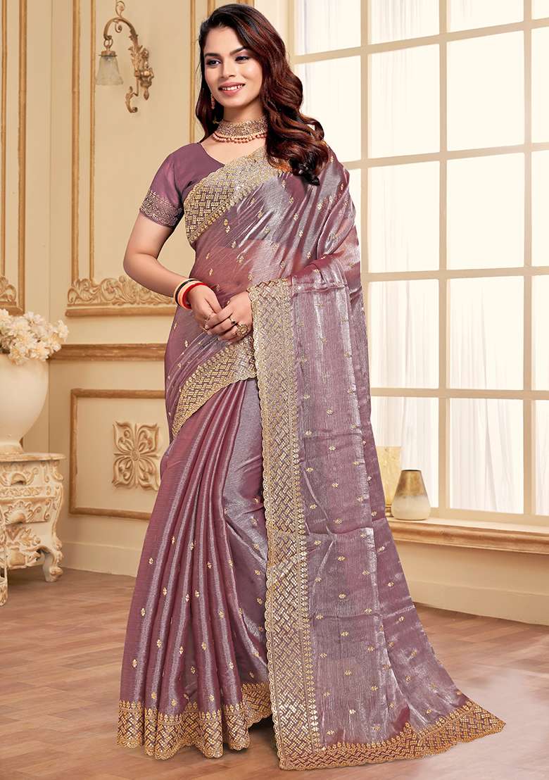 Dusty Lavender Zari Jimmy Choo Silk Blend Saree Set with Embroidered & Sequin for Diwali | Wedding & Festive Wear - Indya
