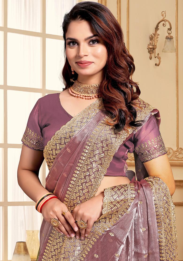 Dusty Lavender Zari Sequin Embroidered Jimmy Choo Silk Saree Set - Indya