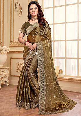 Dusty Golden Zari Sequin Embroidered Jimmy Choo Silk Saree Set