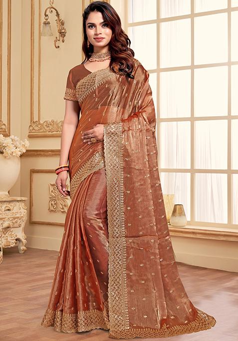 Dusty Peach Zari Sequin Embroidered Jimmy Choo Silk Saree Set