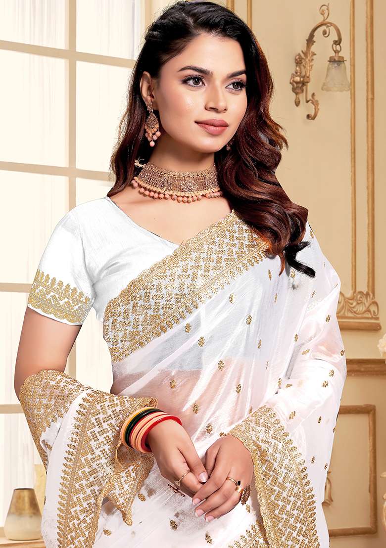 White Zari Sequin Embroidered Jimmy Choo Silk Blend Saree Set for Diwali and Festive Wear - Indya