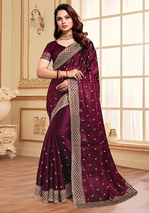 Wine Zari Sequin Embroidered Jimmy Choo Silk Saree Set