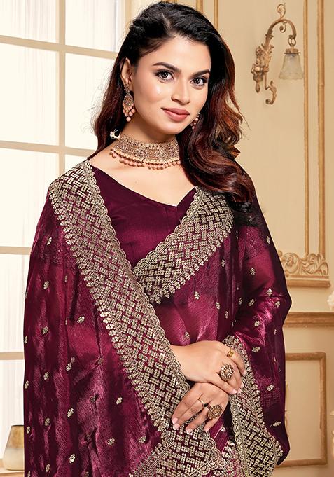 Wine Zari Sequin Embroidered Jimmy Choo Silk Saree Set