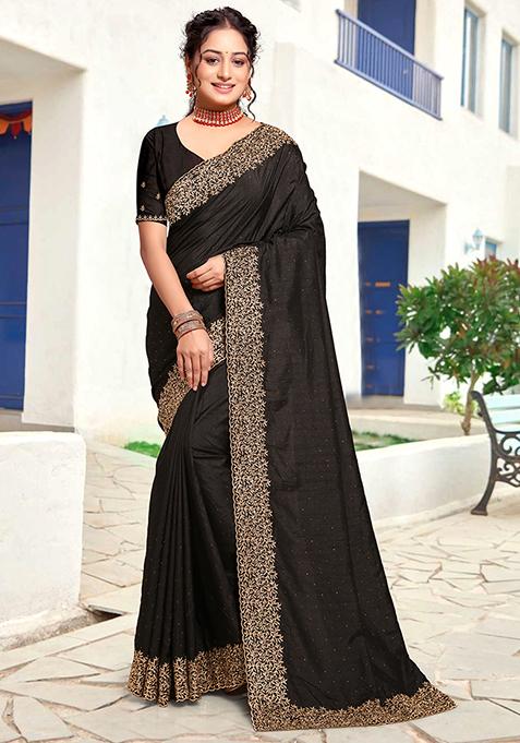 Black Zari Embroidered Art Silk Saree Set