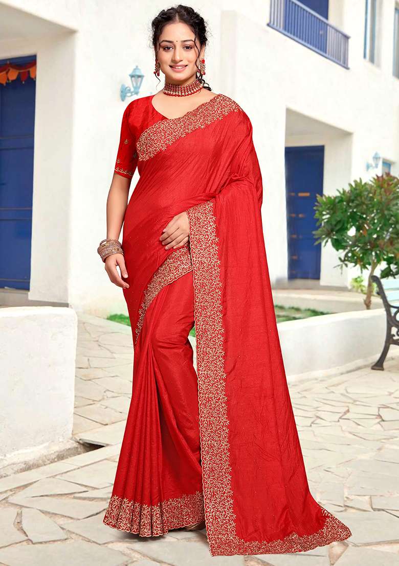 Red Zari Blend Art Silk Saree Set with Embroidered for Diwali | Wedding & Festive Wear - Indya