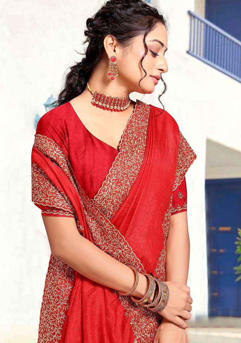 Red Zari Blend Art Silk Saree Set with Embroidered for Diwali | Wedding & Festive Wear - Indya