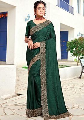 Bottle Green Zari Embroidered Art Silk Saree Set