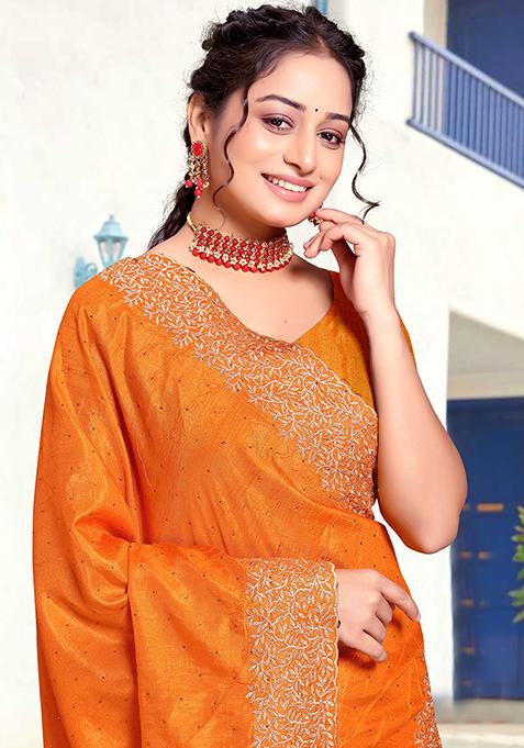 Mustard Zari Embroidered Art Silk Saree Set