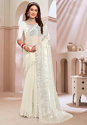Cream Zircon Hand Embroidered Jimmy Choo Silk Saree Set