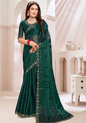 Rama Green Hand Embroidered Jimmy Choo Silk Saree Set