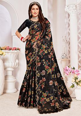 Black Zircon Hand Embroidered Organza Silk Saree Set