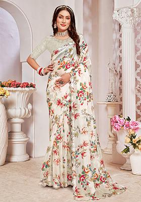 Cream Zircon Hand Embroidered Organza Silk Saree Set