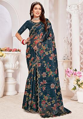 Morpeach Zircon Hand Embroidered Organza Silk Saree Set