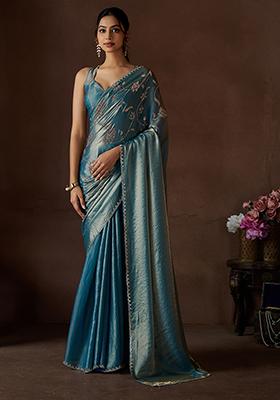 Blue Zircon Hand Embroidered Silk Saree Set
