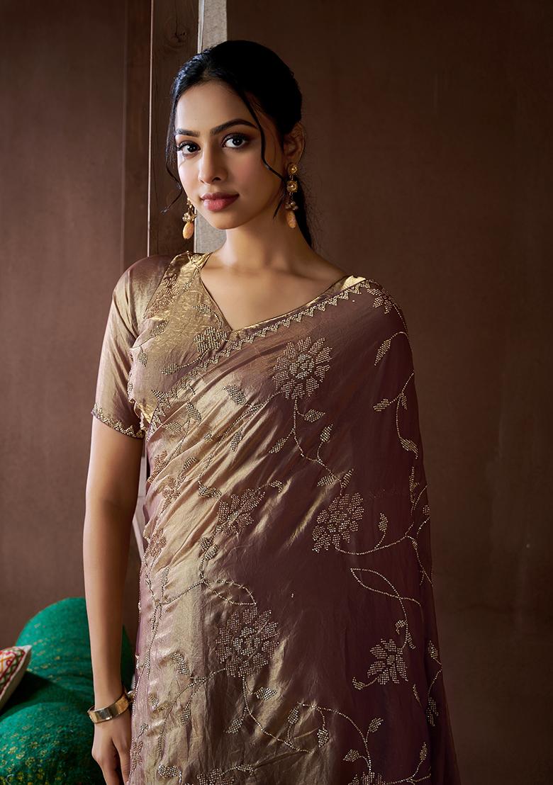 Lavender Zircon Hand Embroidered Silk Saree Set