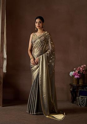 Grey Zircon Hand Embroidered Silk Saree Set