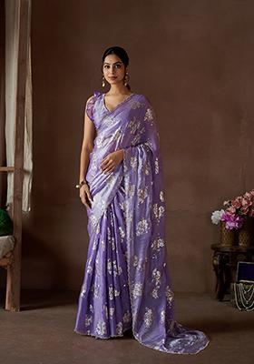 Purple Zircon Foil Print Pure Satin Silk Saree Set