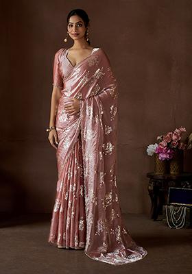 Dusty Peach Zircon Foil Print Pure Satin Silk Saree Set
