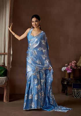 Blue Zircon Foil Print Pure Satin Silk Saree Set