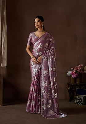 Dusty Gajri Zircon Foil Print Pure Satin Silk Saree Set