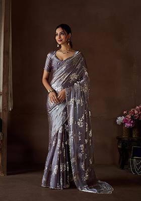 Brown Zircon Foil Print Pure Satin Silk Saree Set