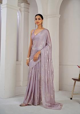 Lavender Zircon Foil Print Chinon Silk Saree Set