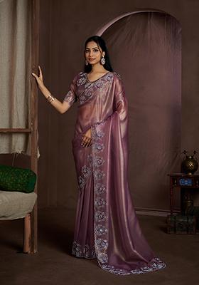 Lavender Floral Zircon Work Silk Saree Set