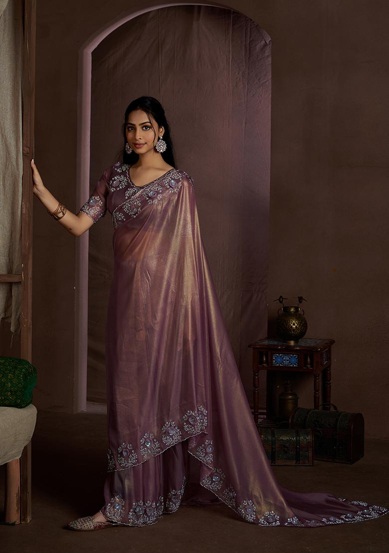 Lavender Floral Zircon Work Silk Saree Set - Indya