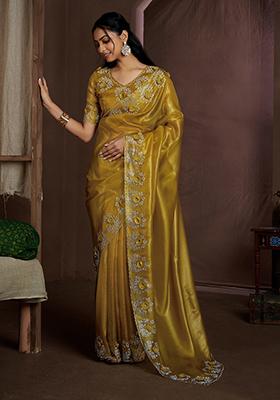 Yellow Floral Zircon Work Silk Saree Set