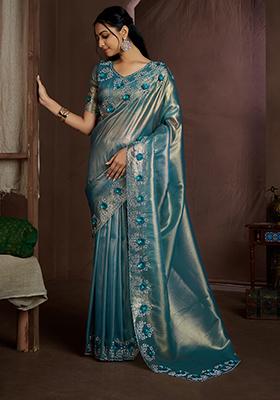 Dusty Blue Floral Zircon Work Silk Saree Set