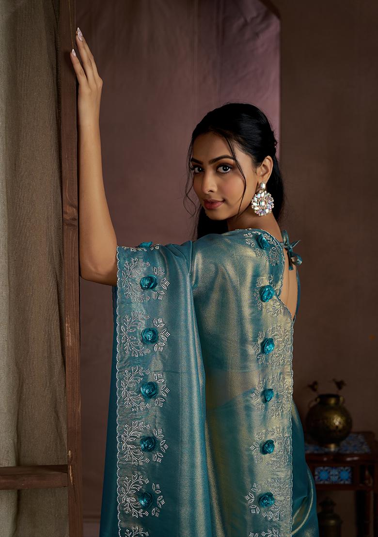 Dusty Blue Floral Zircon Work Silk Saree Set - Indya
