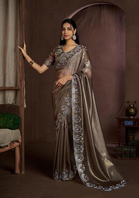 Brown Floral Zircon Work Silk Saree Set