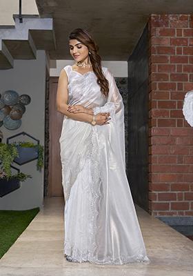 White Zircon Embroidered Silk Saree Set