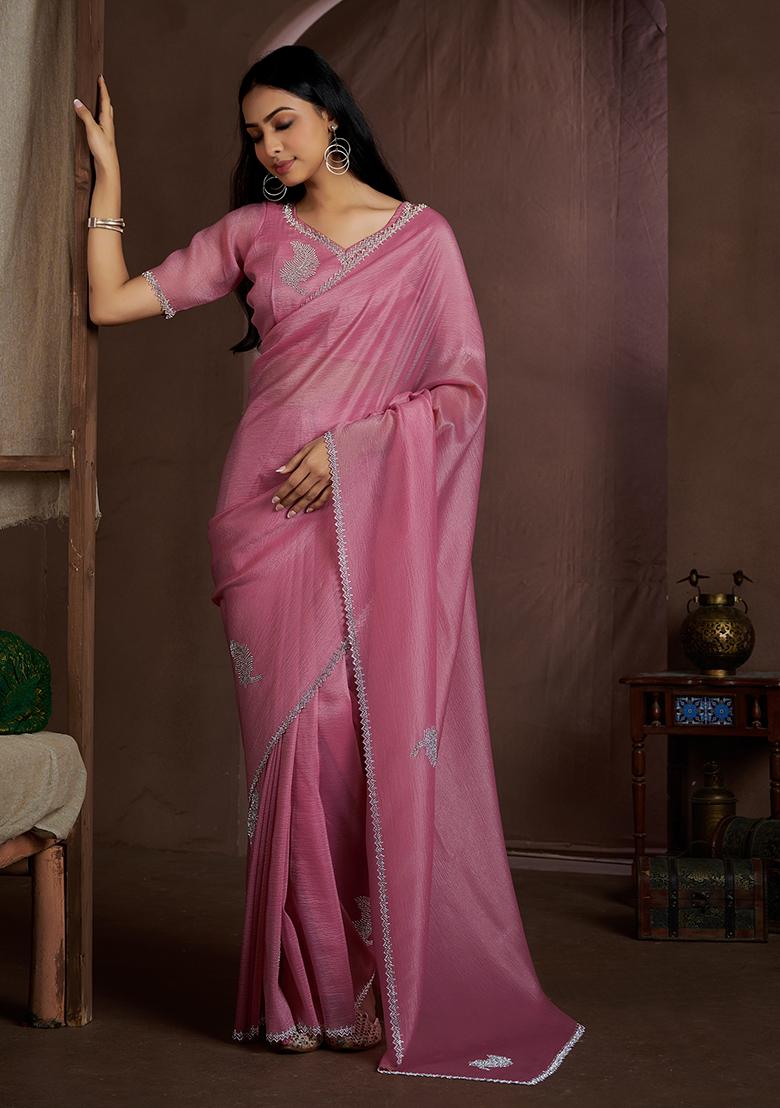 Dusty Pink Zircon Embroidered Pure Crush Silk Saree Set