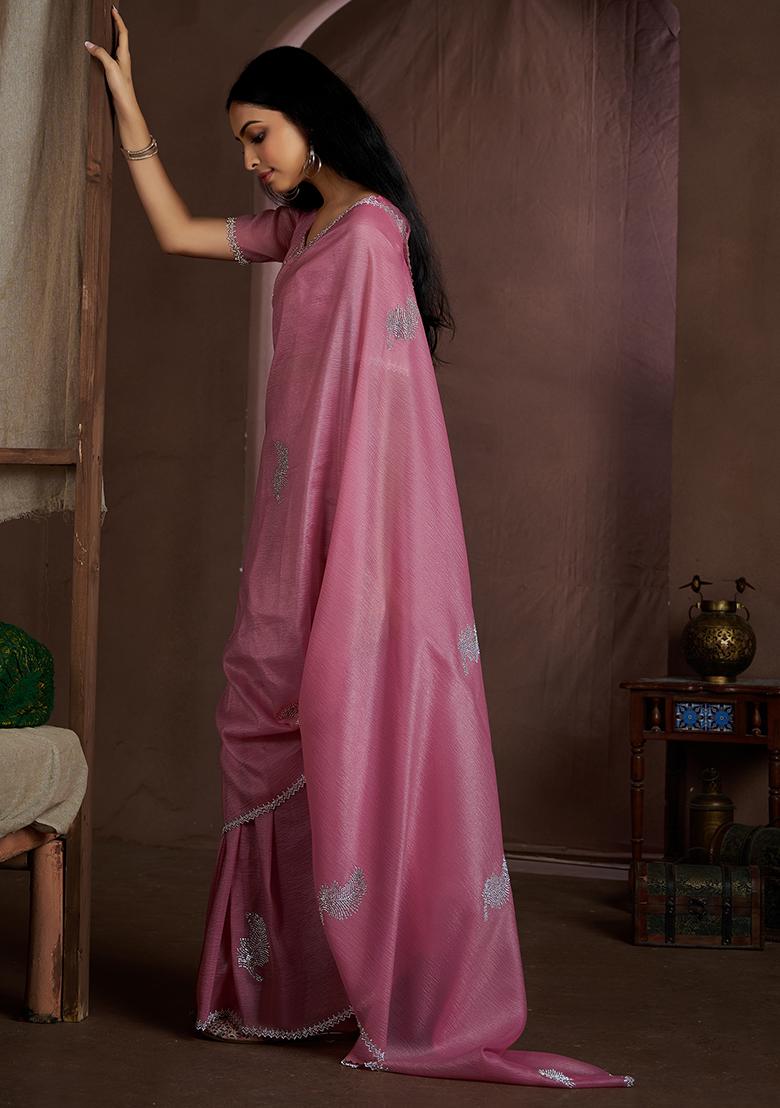 Dusty Pink Zircon Embroidered Pure Crush Silk Saree Set