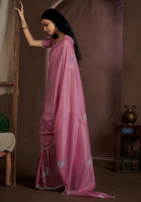 Dusty Pink Zircon Embroidered Pure Crush Silk Saree Set