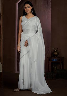 White Zircon Embroidered Pure Crush Silk Saree Set