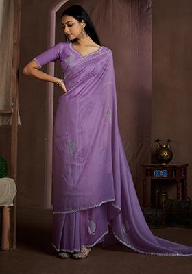 Lavender Zircon Embroidered Pure Crush Silk Saree Set