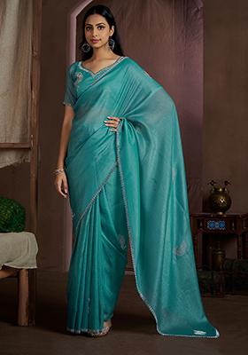Green Zircon Embroidered Pure Crush Silk Saree Set