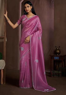 Pink Zircon Embroidered Pure Crush Silk Saree Set