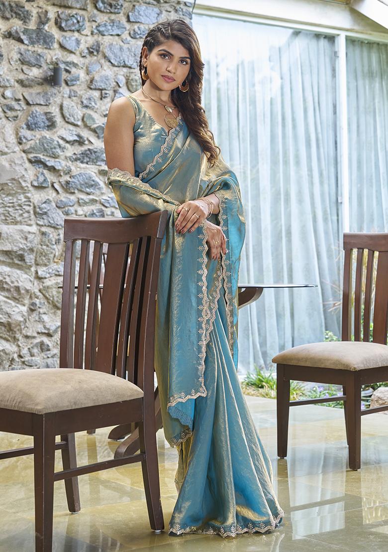 Firozi Zircon Embroidered Silk Saree Set