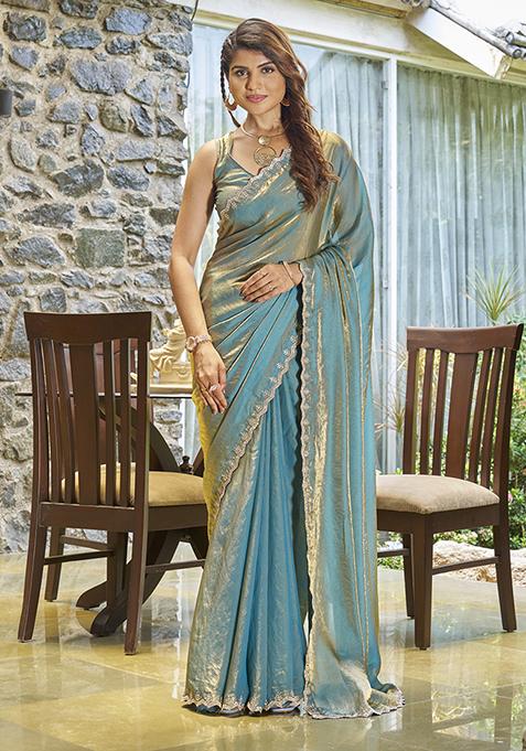 Firozi Zircon Embroidered Silk Saree Set