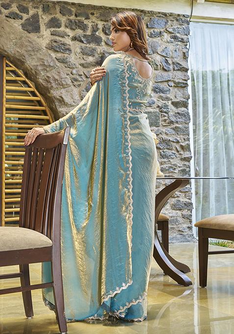Firozi Zircon Embroidered Silk Saree Set