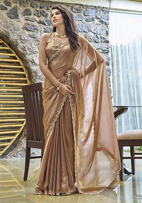 Chiku Brown Zircon Embroidered Silk Saree Set