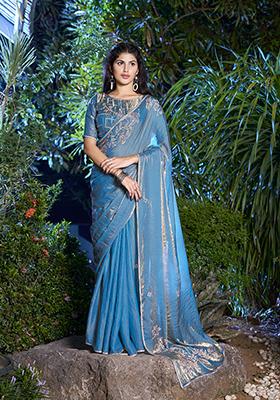 Blue Zircon Embroidered Silk Saree Set