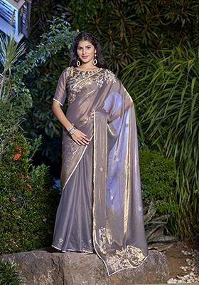 Grey Zircon Embroidered Silk Saree Set